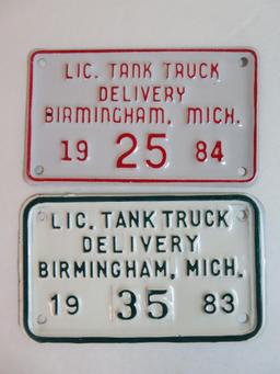 Lot of (2) Birmingham Michigan Tank Truck Delivery License Plates (1983, 1984)