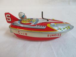 Antique Yonezawa Japan 6" Tin Wind-Up Sunrise Speed Boat