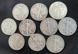 Lot (10) 1940's Walking Liberty Half Dollars/ 90% Silver