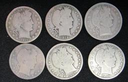 Lot (6) Mixed Date Barber Half Dollars Silver