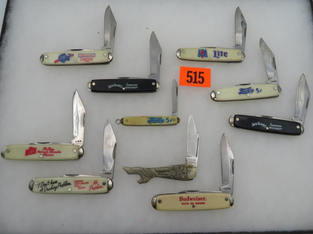 Lot (10) Vintage Beverage Advertising Folding Pocket Knives. Mostly USA.