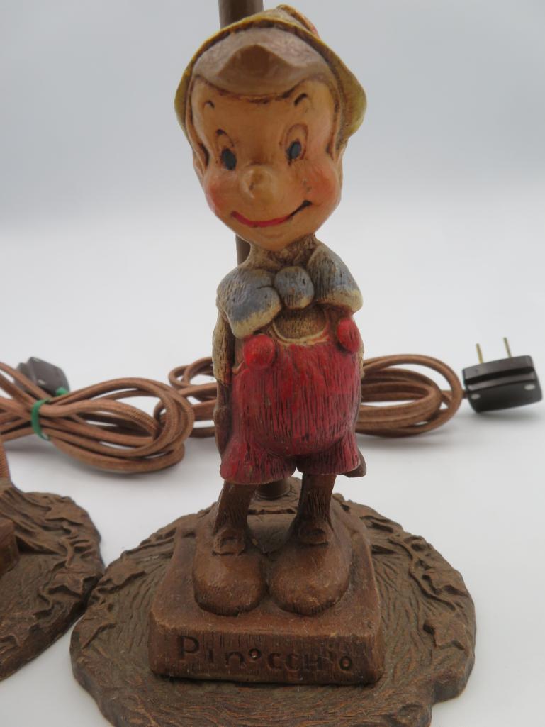 Outstanding 1940's Syroco Walt Disney's Pinocchio 3pc Lamp Set