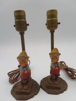 Outstanding 1940's Syroco Walt Disney's Pinocchio 3pc Lamp Set