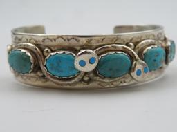 Signed Effie Calavaza Native American Zuni Sterling Silver and Turquoise Serpant Bracelet