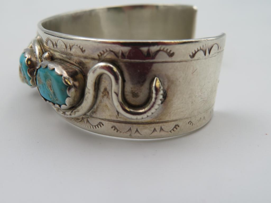 Signed Effie Calavaza Native American Zuni Sterling Silver and Turquoise Serpant Bracelet