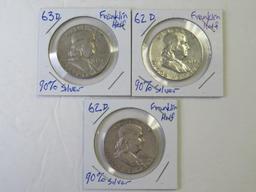 Lot of (3) Franklin Half Dollar Coins (2) 1962D (1) 1963D, 90% Silver
