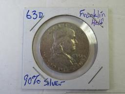 Lot of (3) Franklin Half Dollar Coins (2) 1962D (1) 1963D, 90% Silver