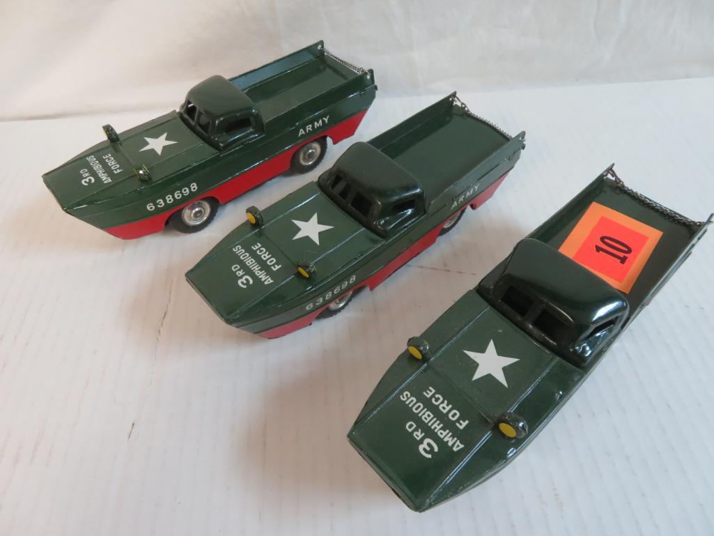 Outstanding Lot (3) Vintage K Japan Tin Friction 9" Amphibious Army Vehicles