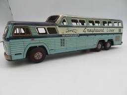 Large Antique Japan Tin Friction Greyhound Bus Toy 16"