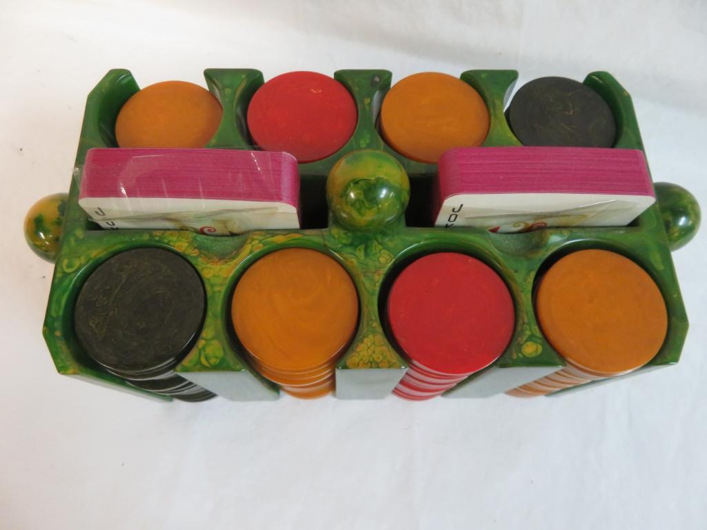 Antique 1940's Catalin Bakelite Poker Chip Caddy with Poker Chips