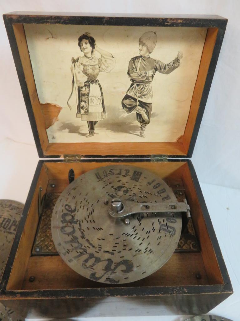 Antique German Kalliope Wind Up Music Box w/ 6 Music Discs