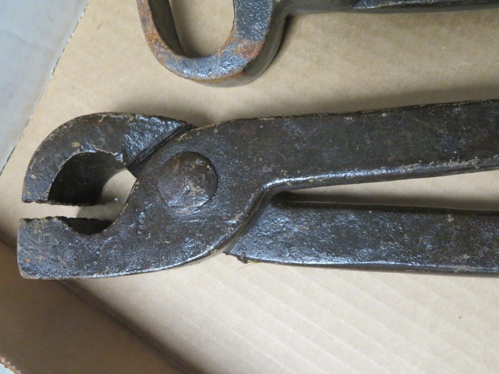 2 Pair of Antique Cast Iron Blacksmith Tongs/ Cutters