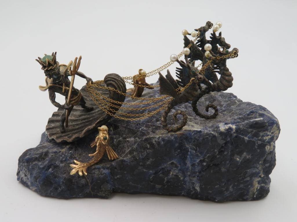 Outstanding Greek God Posideon Seahorse Chariot Pewter Sculpture with Gold Accents