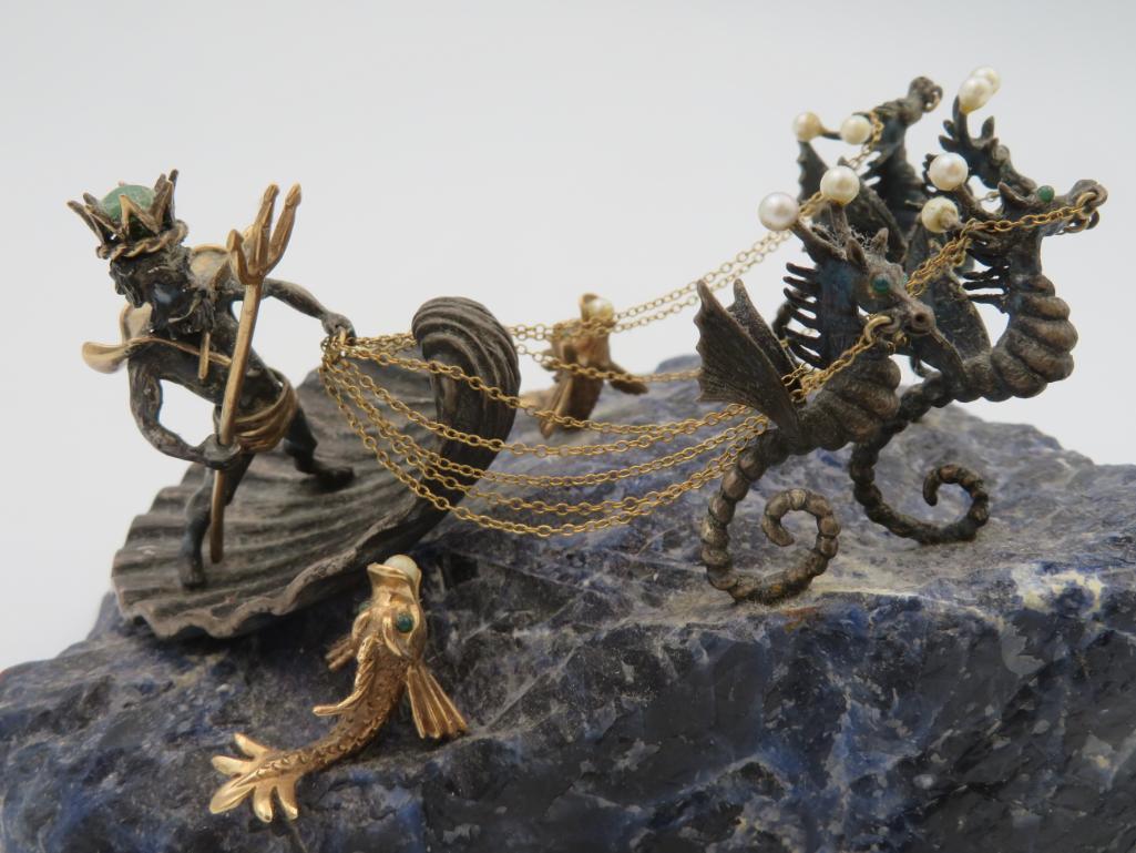 Outstanding Greek God Posideon Seahorse Chariot Pewter Sculpture with Gold Accents