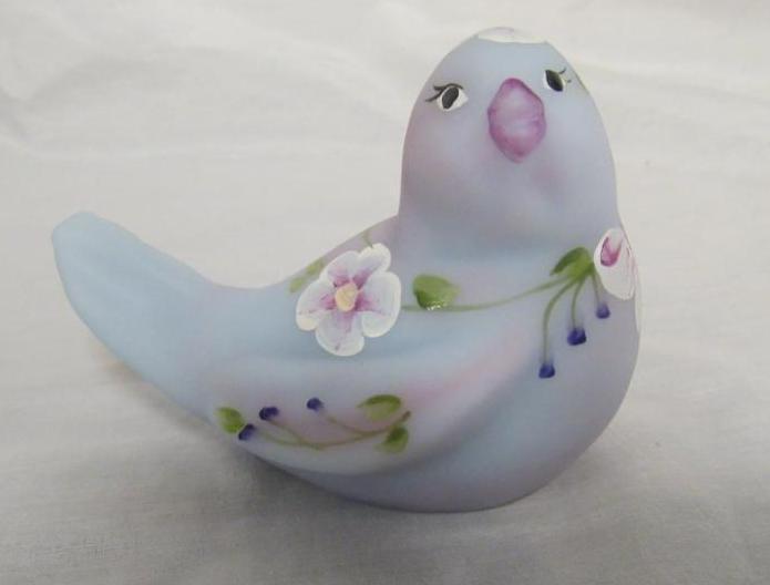 Beautiful Artist Signed Fenton Blue Burmese Satin Hand Painted Bird