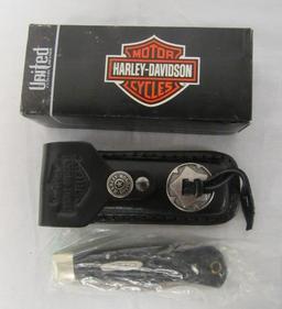 Beautiful United USA Harley Davidson Lockback Folding Knife in Original Leather Sheath MIB