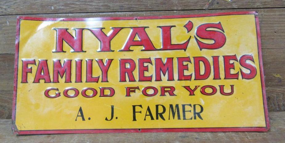 Antique "Nyal's Family Remedies" Pharmacy Embossed Metal Sign