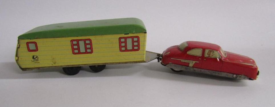 Excellent Antique Tin Friction Japan Sedan with Travel Trailer