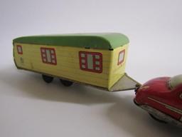 Excellent Antique Tin Friction Japan Sedan with Travel Trailer