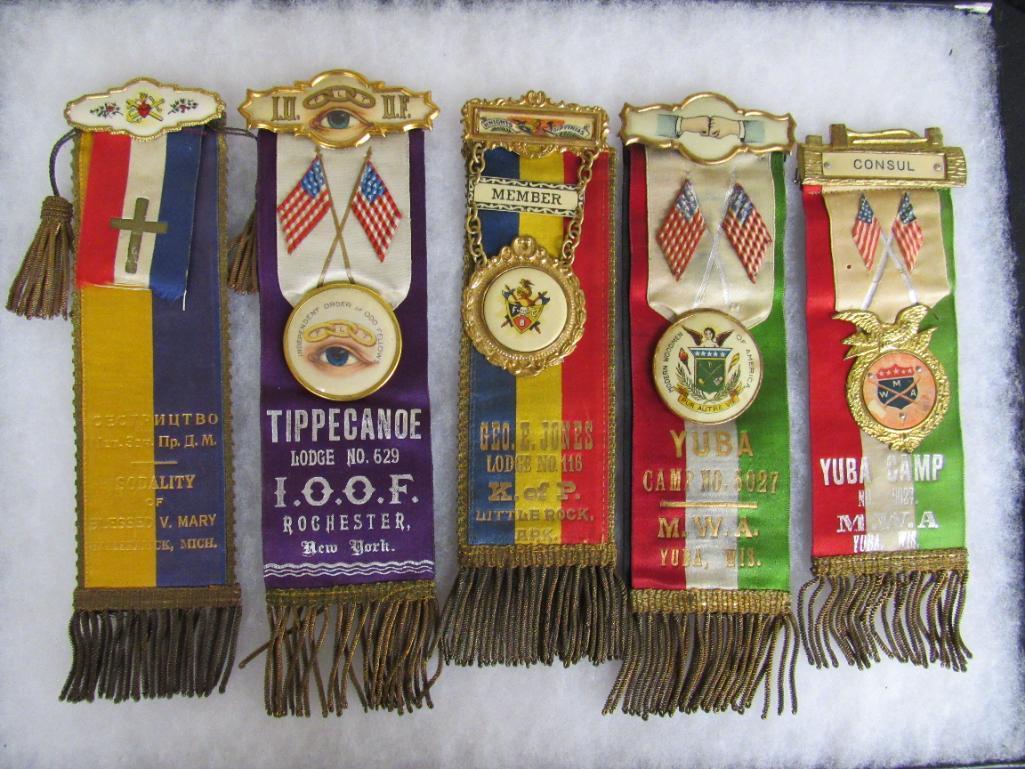 Lot (5) Antique Fraternal Large Ribbon Badges- Odd Fellows, Modern Woodmen, Knights Pythias