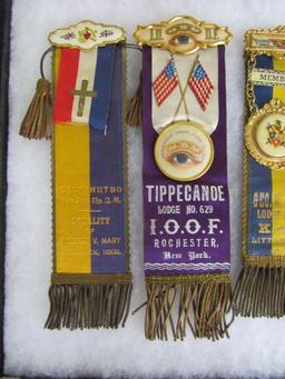 Lot (5) Antique Fraternal Large Ribbon Badges- Odd Fellows, Modern Woodmen, Knights Pythias
