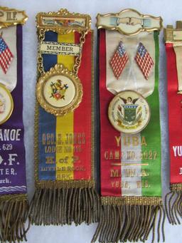 Lot (5) Antique Fraternal Large Ribbon Badges- Odd Fellows, Modern Woodmen, Knights Pythias