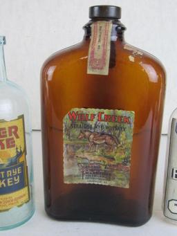 (3) Antique Paper Label Glass Whiskey Bottles