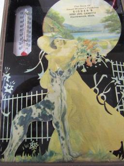 Excellent Antique Art Deco Lady w/ Great Dane Advertising Thermometer- Sidders Women's Fashions-