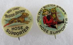 (2) Antique Buster Brown Hose Supporter Celluloid Pin Backs