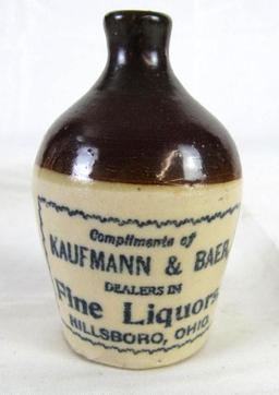 Antique Stoneware Miniature Whiskey Jug- Kaufmann & Baer Hillsboro, Ohio