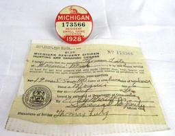 1928 Michigan Resident Small Game Hunting License Badge w/ Paper