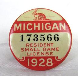 1928 Michigan Resident Small Game Hunting License Badge w/ Paper