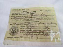 1928 Michigan Resident Small Game Hunting License Badge w/ Paper
