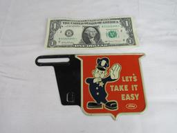 Antique Ford Metal Advertising License Plate Topper " Let's Take it Easy" with Police Officer