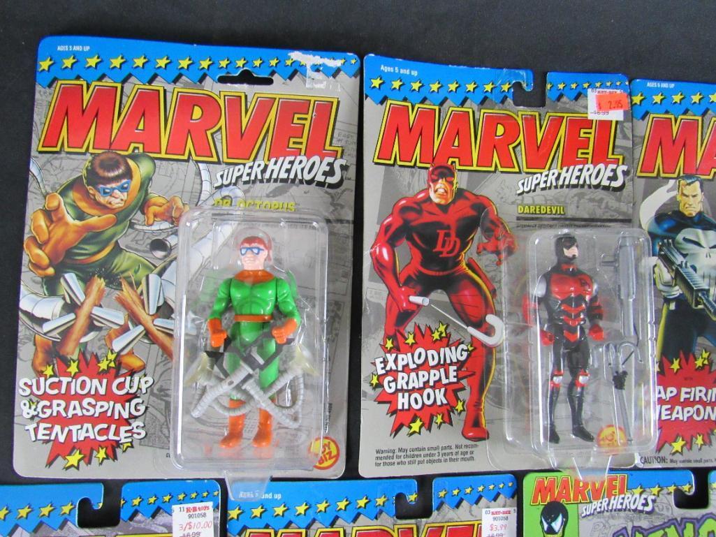 Lot (7) Vintage 1992 Toybiz Marvel Super-Heroes Figures MOC- Venom, Silver Surfer, Daredevil+