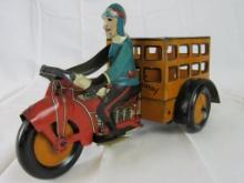 Outstanding Antique 1930's Marx Mysterious Speed Boy Delivery Tin Wind-Up Motorcycle
