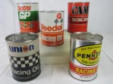 Lot (5) Vintage Quart Motor Oil Racing Cans Full NOS- Veedol, Pennzoil, Union 76+