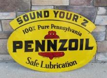 Vintage 1965 Dated Pennzoil Motor Oil " Sound Your Z" Double Sided Steel Sign