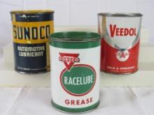 Lot (3) Antique 1 lb. Grease Cans- Sunoco, Veedol, Conoco Racelube