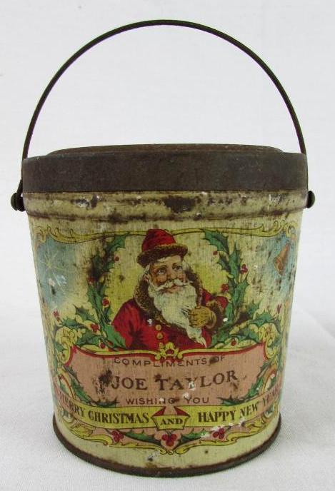 Antique Joe Taylor Peanut Butter Christmas Tin w/ Santa Claus