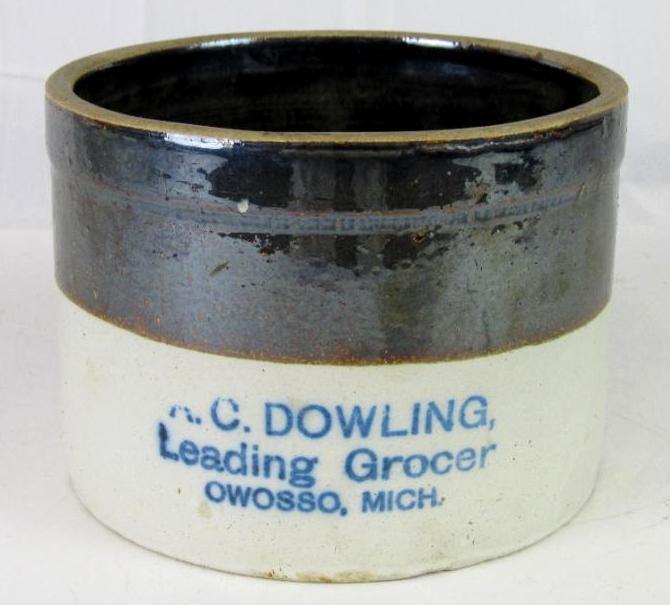 Antique A.C. Dowling Leading Grocer, Owosso Michigan Stoneware Crock