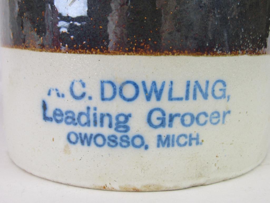 Antique A.C. Dowling Leading Grocer, Owosso Michigan Stoneware Crock