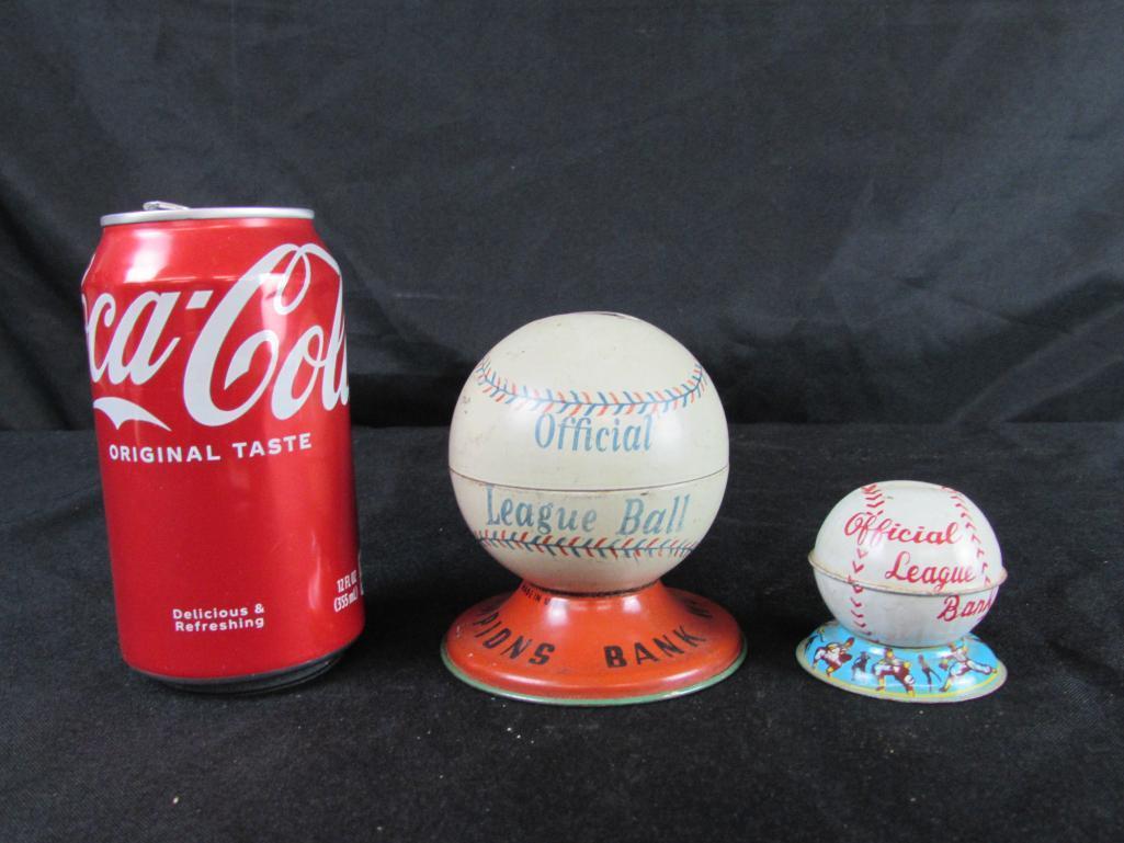 Lot (2) Antique Tin Litho Baseball Figural Coin Banks. Ohio Art & Japan