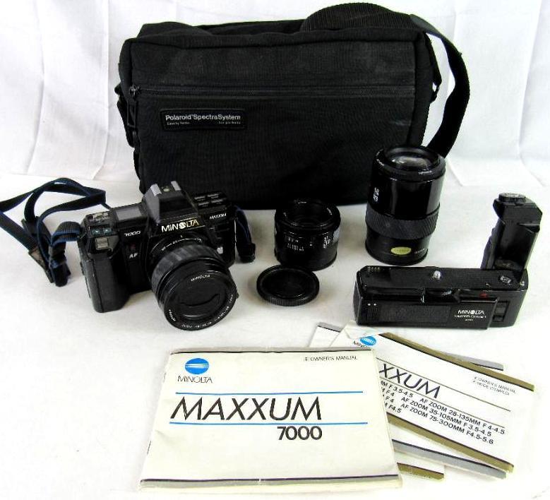 Minolta 7000 Maxxum 35mm Camera w/ Lenses & Paperwork