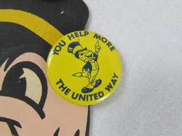 Walt Disney 1940's Jimminy Cricket United Way Counter Stand w/Pinbacks