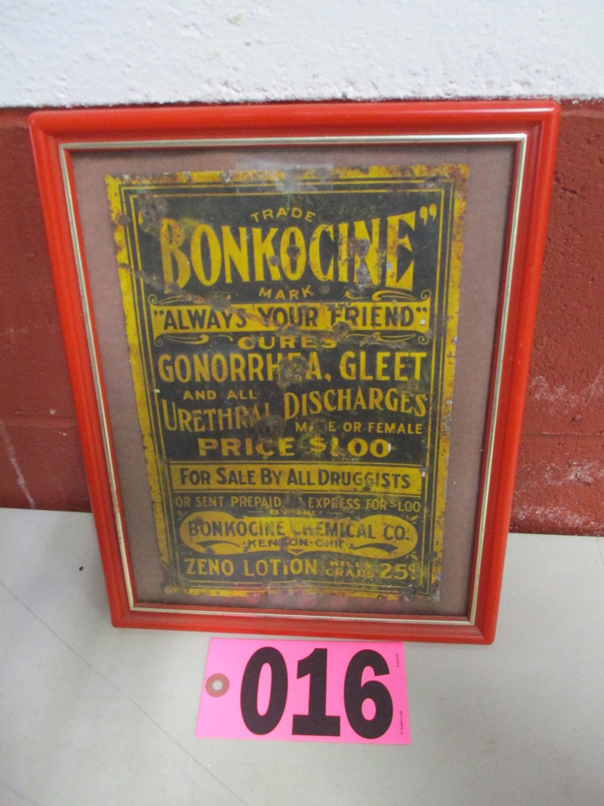 Metal Bonkocine Gonorrhea medicine advertisement, framed, 6.5in x 10in