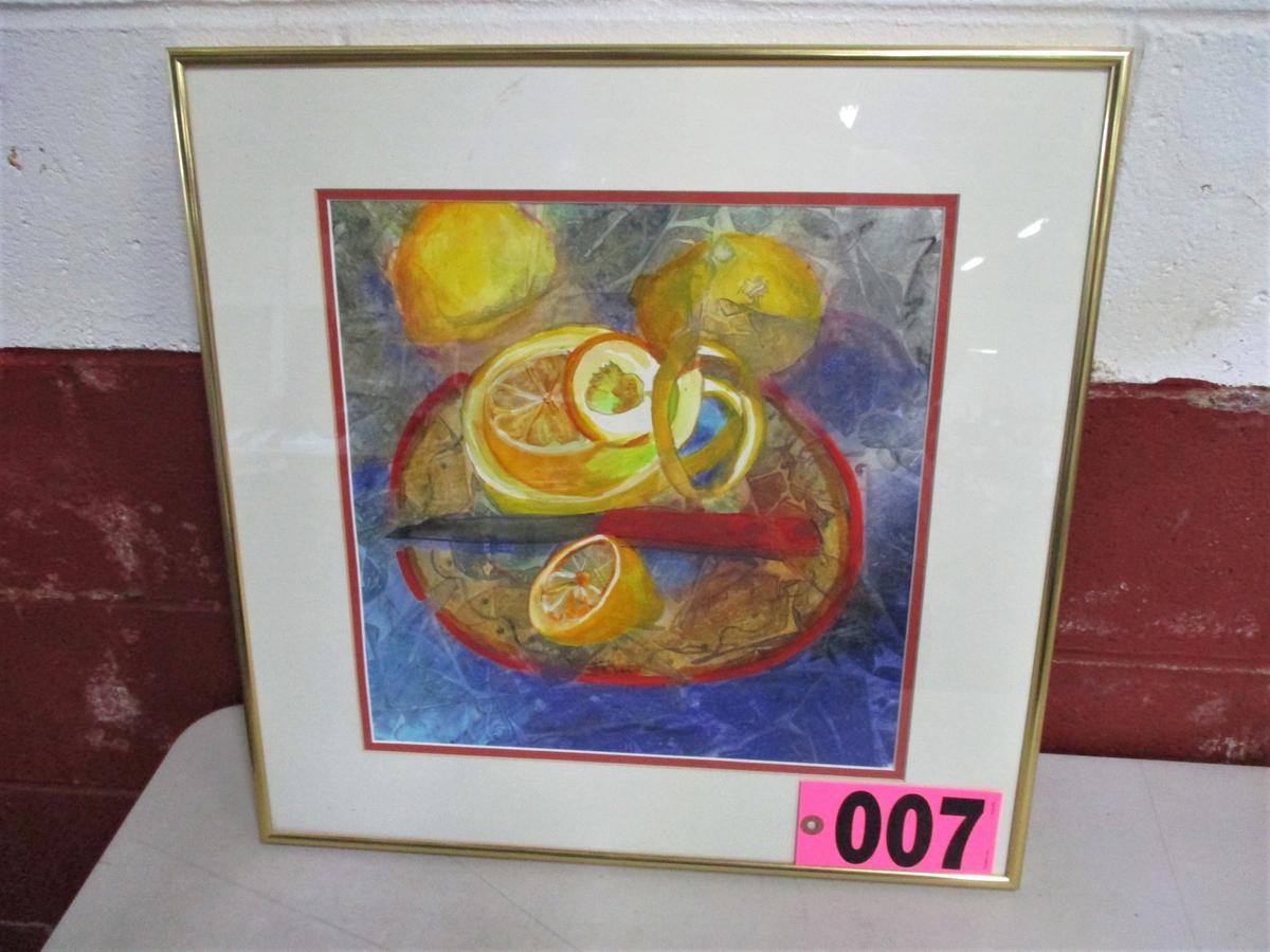 Cut Lemons watercolor, 19.5in x 19.5in, framed, mated, underglass, artist I