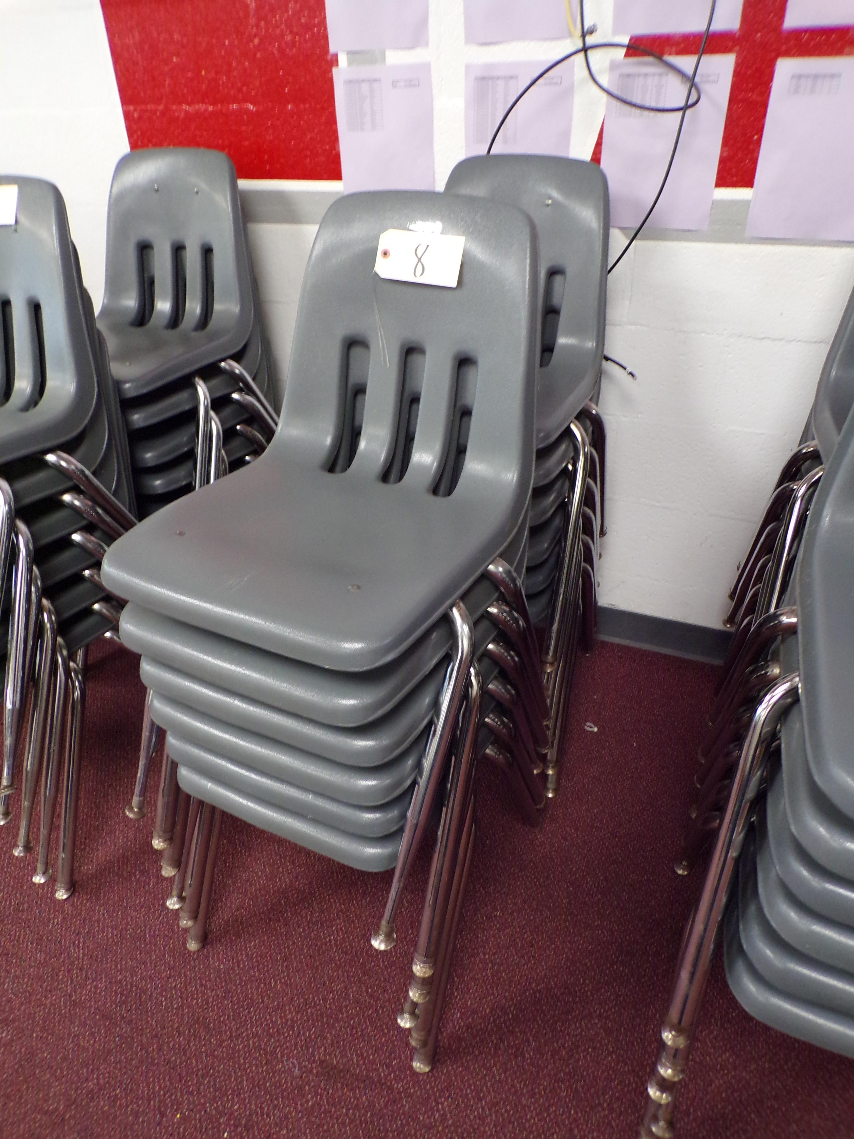 (12) Gray plastic school desk chairs