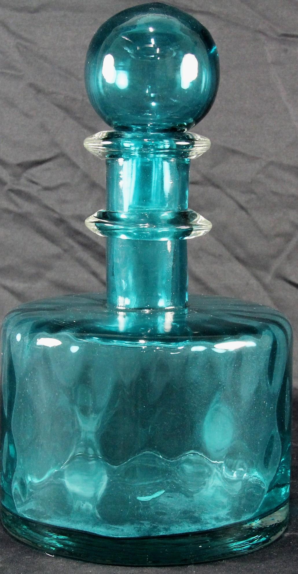 SET OF THREE BLUE ART GLASS DECANTERS