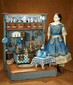 19th Century Wooden Toy Kitchen with Unique Stove and Accessories 1300/1800